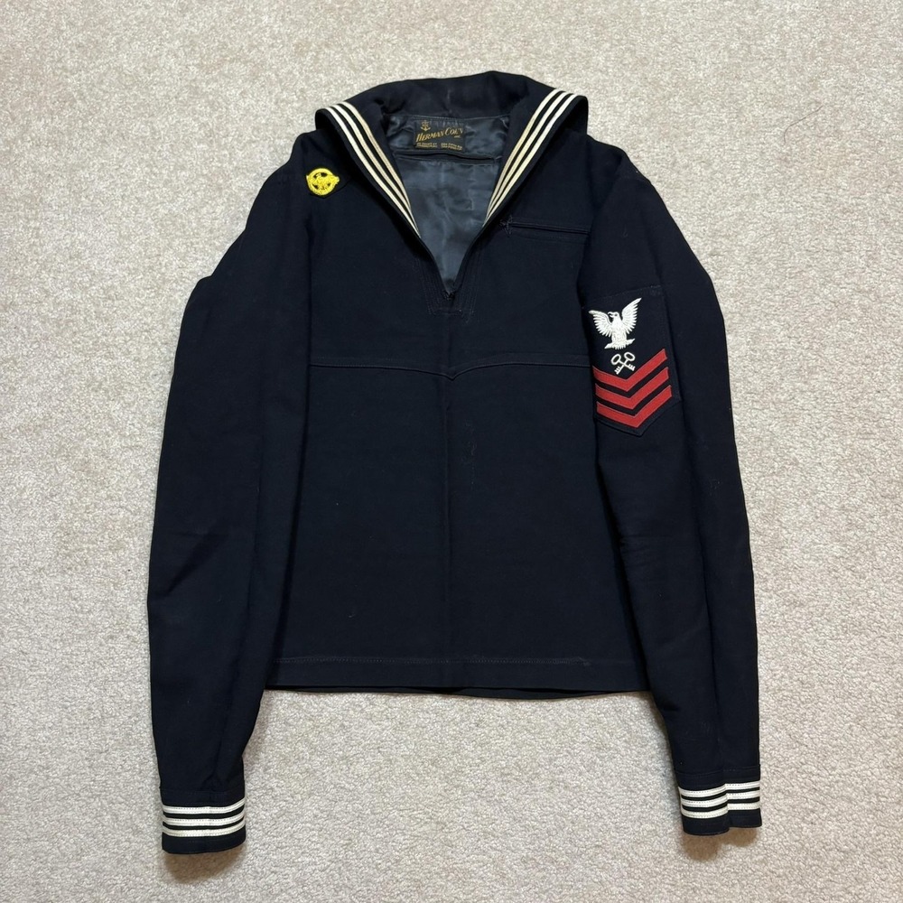 Vtg US Navy Sailor Jacket 36 Blue Wool Military PO1 Rank WW2 1930s Herman Cohn